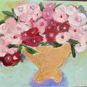 Pink Flowers With Mint Wall“ Original Acrylic Hand Painted 12”x10”on Wood